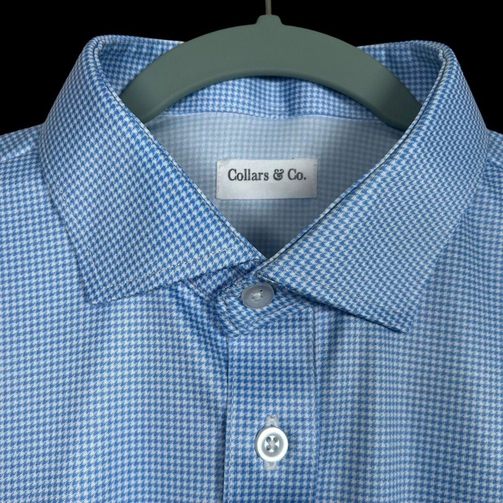 Collars & Co Polo Shirt Mens M Blue Houndstooth Classic Preppy Dress Collar NEW